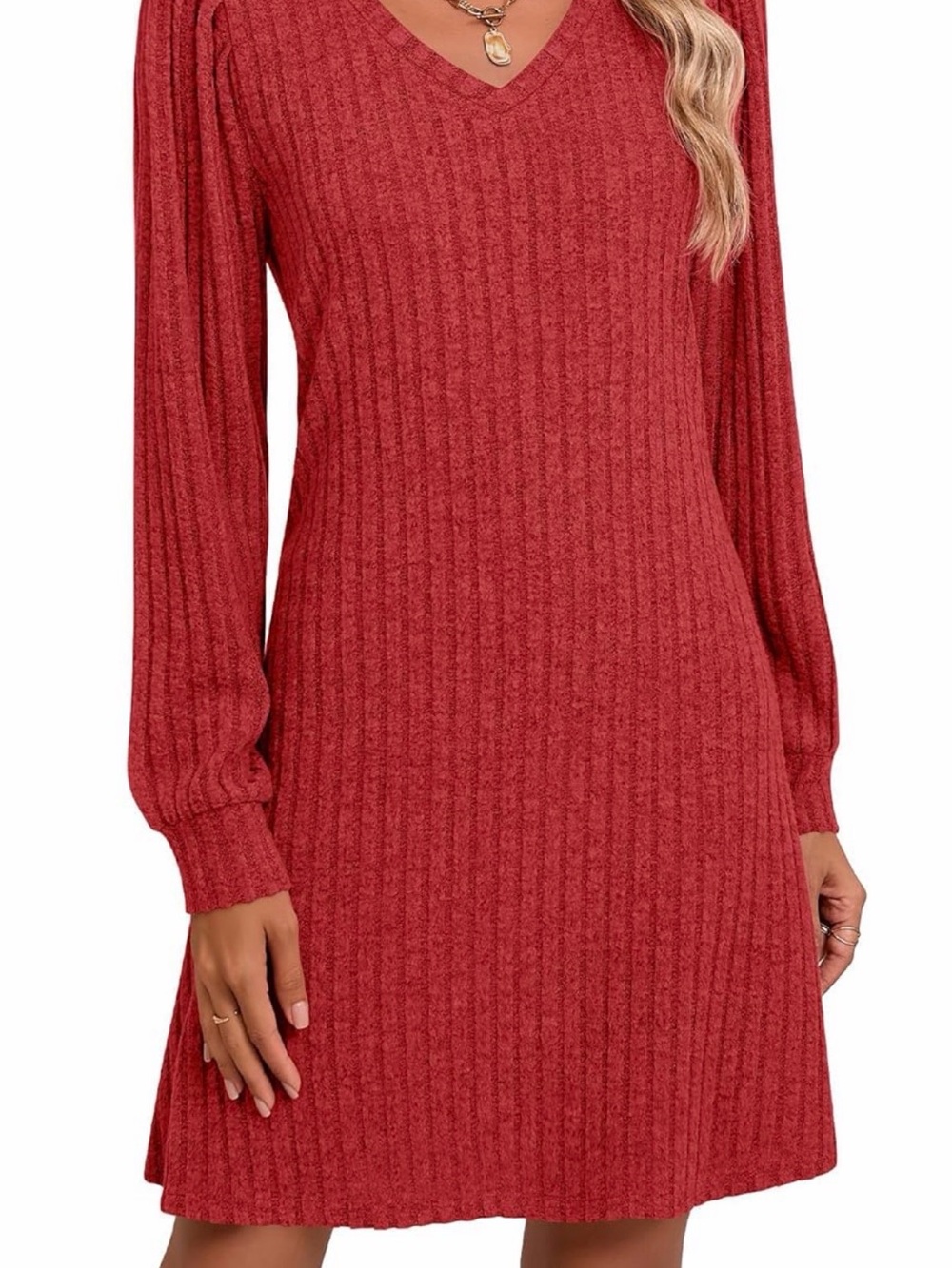 Women’s  Red Ribbed Long-Sleeve Skater Dress